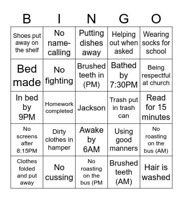 Chore Bingo Card