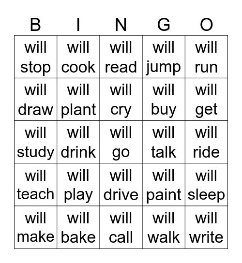 Future Tense Bingo Card