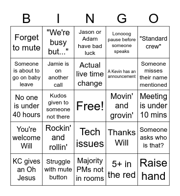 Monday Call Bingo Card