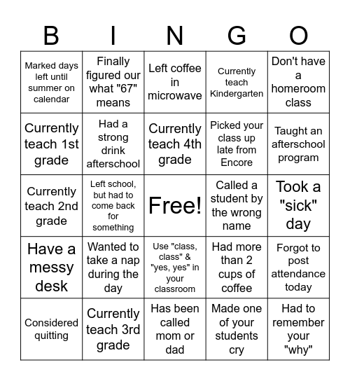 Teacher Bingo Card