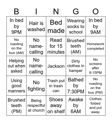 Chore Bingo Card