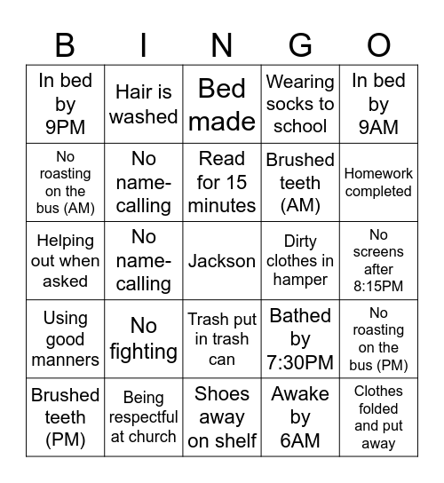 Chore Bingo Card