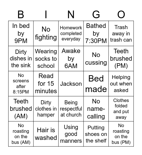 Chore Bingo Card