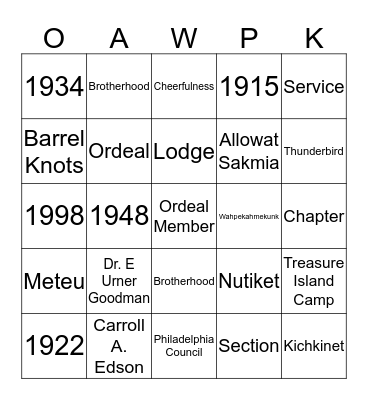 Order of the Arrow History Bingo Card