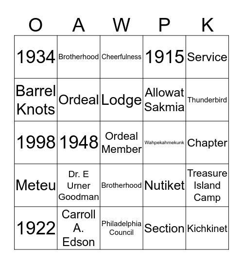 Order of the Arrow History Bingo Card