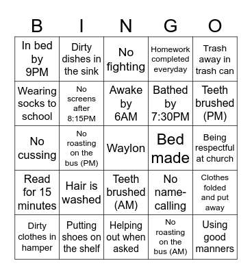 Chore Bingo Card
