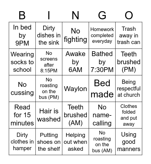 Chore Bingo Card