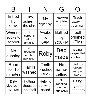 Chore Bingo Card