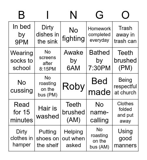 Chore Bingo Card