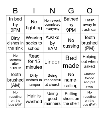 Chore Bingo Card