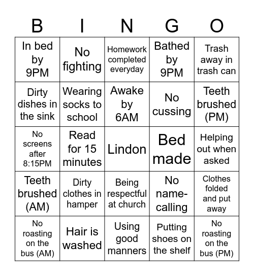 Chore Bingo Card