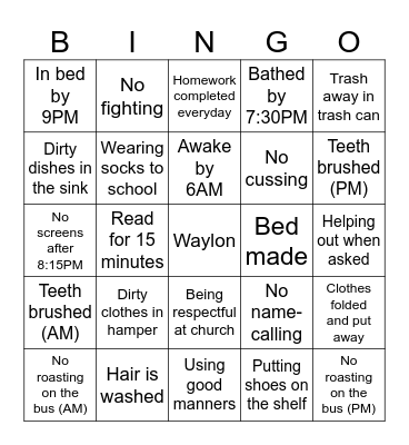 Chore Bingo Card
