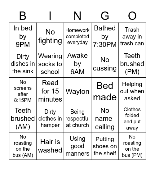 Chore Bingo Card