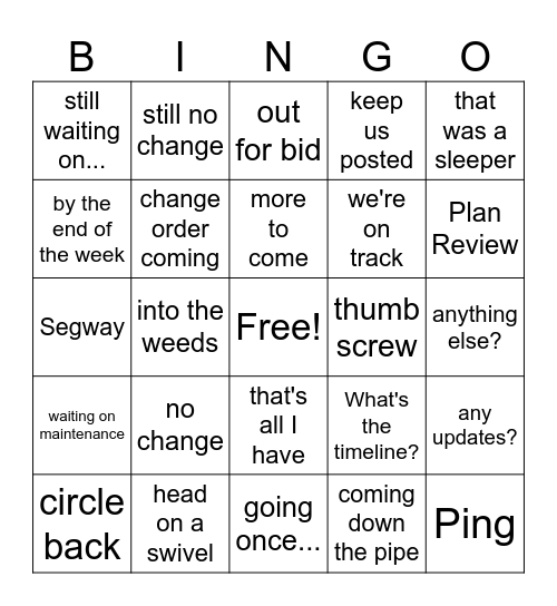 Facilities Bingo Card