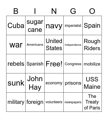Spanish American War Bingo Card