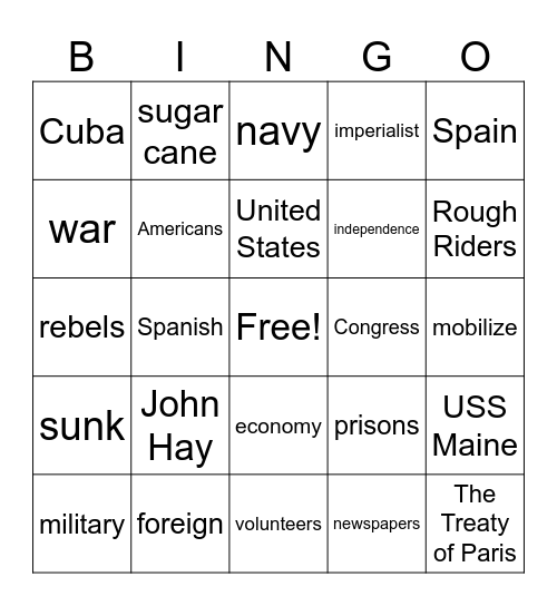 Spanish American War Bingo Card