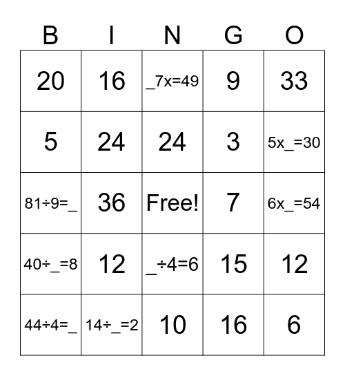 What's Missing? Bingo Card