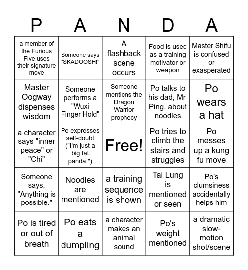 "Kung Fu Panda" Bingo Card