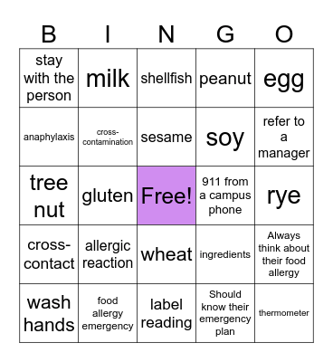 Food Allergy Bingo Card