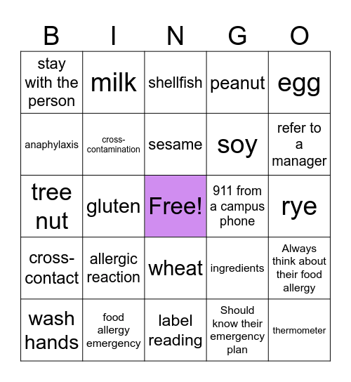Food Allergy Bingo Card