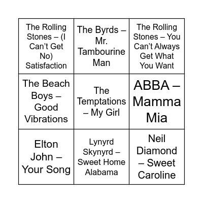 60 70s sing a long Bingo Card