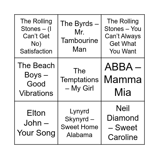 60 70s sing a long Bingo Card