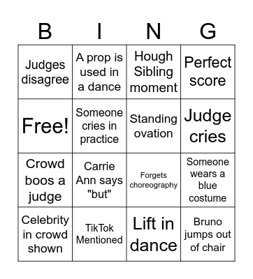 Dancing With the Stars Bingo Card