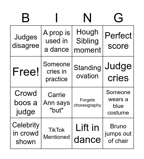 Dancing With the Stars Bingo Card