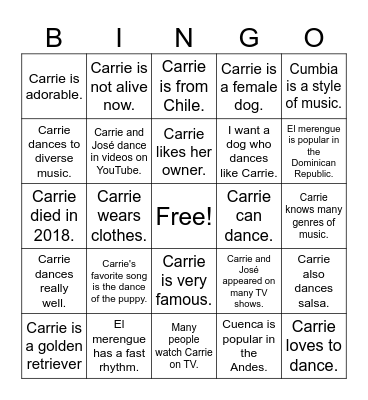 Carrie Bingo Card