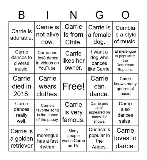 Carrie Bingo Card