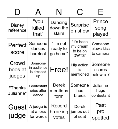 Dancing With the Stars Bingo Card