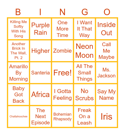 Songs We're All Thankful For Bingo Card