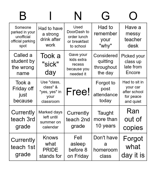 Educator Bingo Card