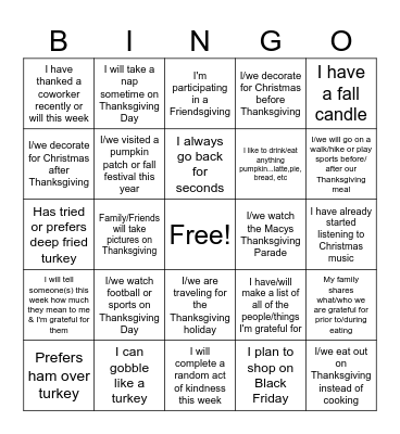 PSC Smile Committee: Thanksgiving Fun Bingo Card