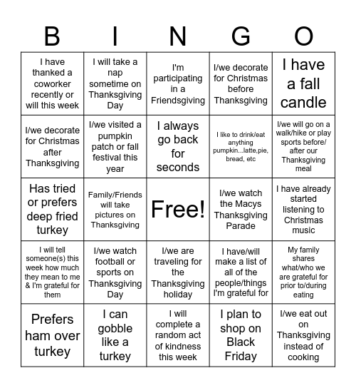 PSC Smile Committee: Thanksgiving Fun Bingo Card