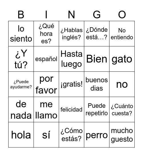 Spanish Language Bingo Card