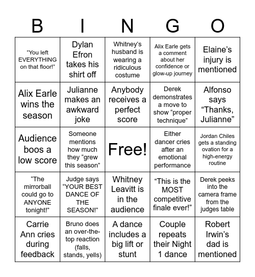 DANCING WITH THE STARS FINALE Bingo Card