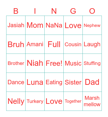 Family Thanksgiving 2025 Bingo Card