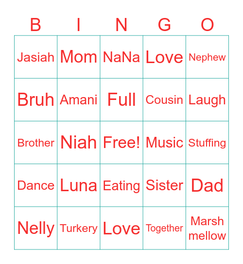 Family Thanksgiving 2025 Bingo Card