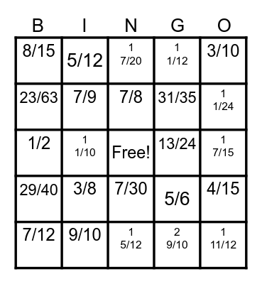 Fraction Bingo Card
