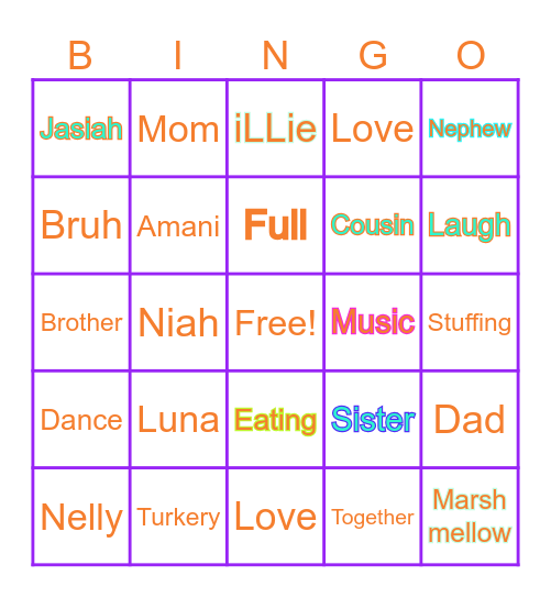 Family Thanksgiving 2025 Bingo Card