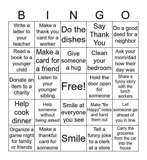 Kindness Bingo Card