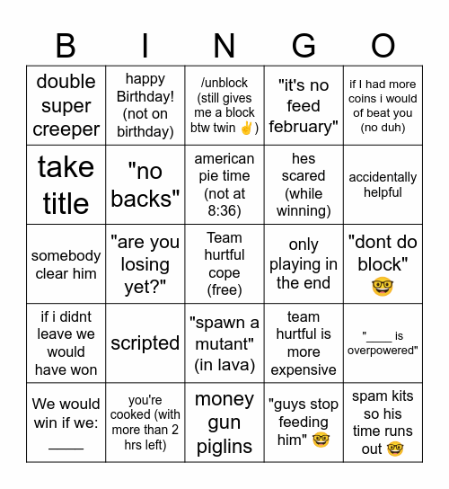 Team hurtful bingo Card