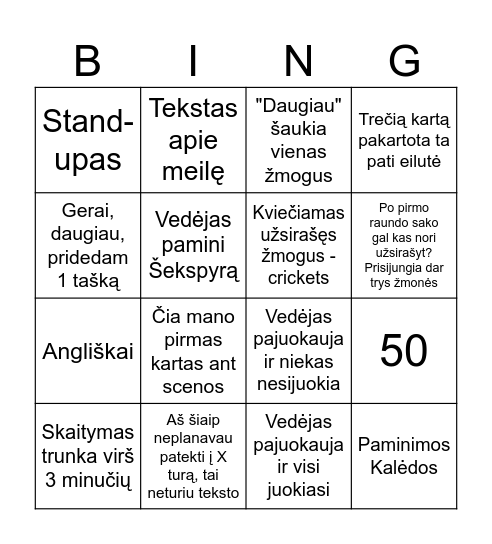 Slemas Bingo Card