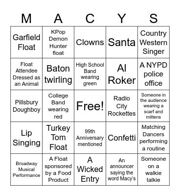 Thanksgiving Parade Bingo Card