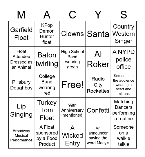 Thanksgiving Parade Bingo Card