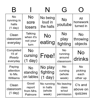 5th Grade Prize Bingo Card