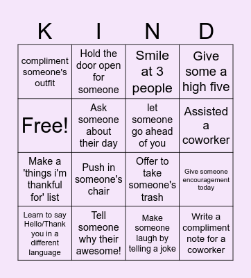 Kindness Bingo Card