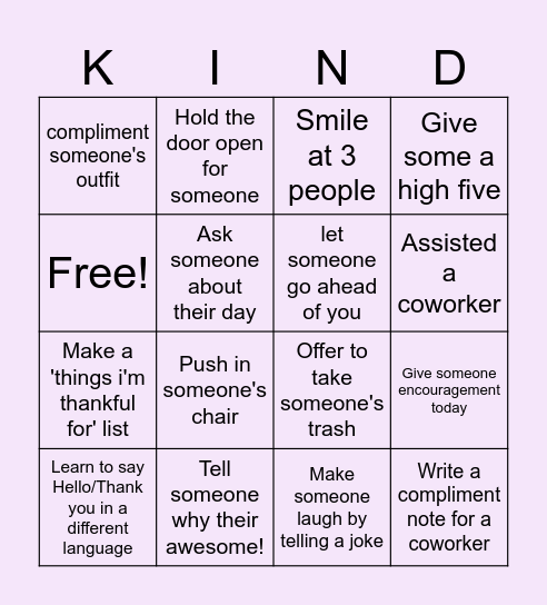 Kindness Bingo Card