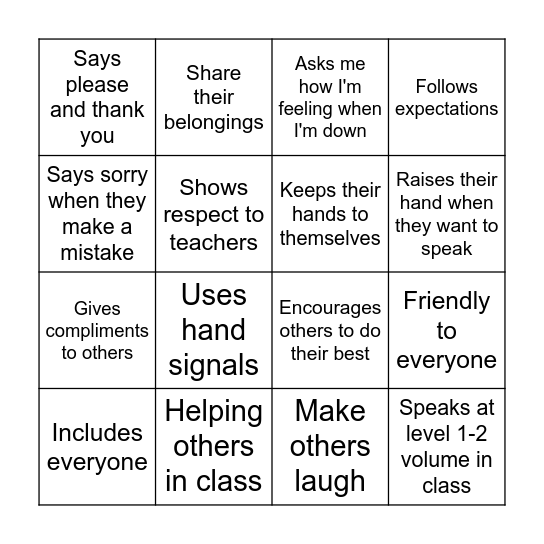 This person shows respect by... Bingo Card